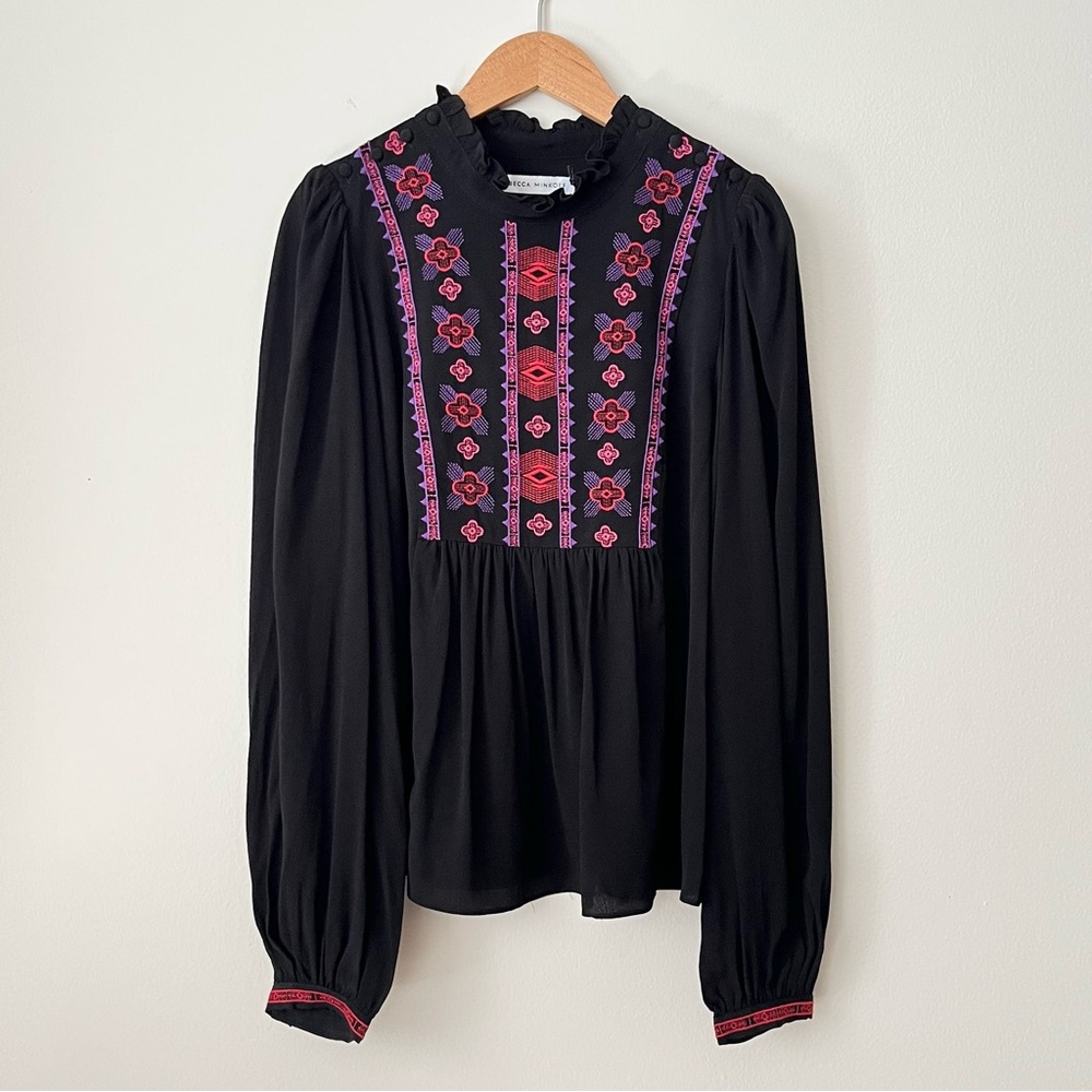 Rebecca Minkoff Black Blouse with Pink & Magenta Embroidery